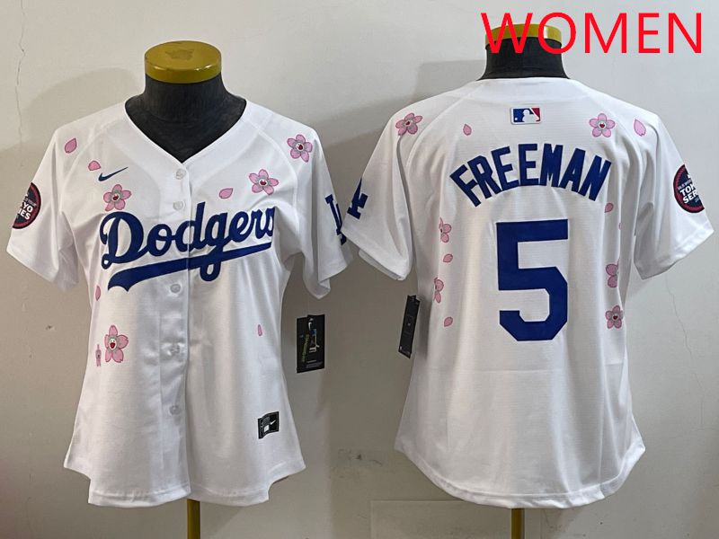 Women Los Angeles Dodgers 5 Freeman White Sakura Edition 2025 Nike MLB Jersey style 1